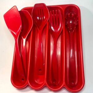 1970s Machi Red Melamine Utensil Set + Ingrid Chicago Red Utensil Organizer